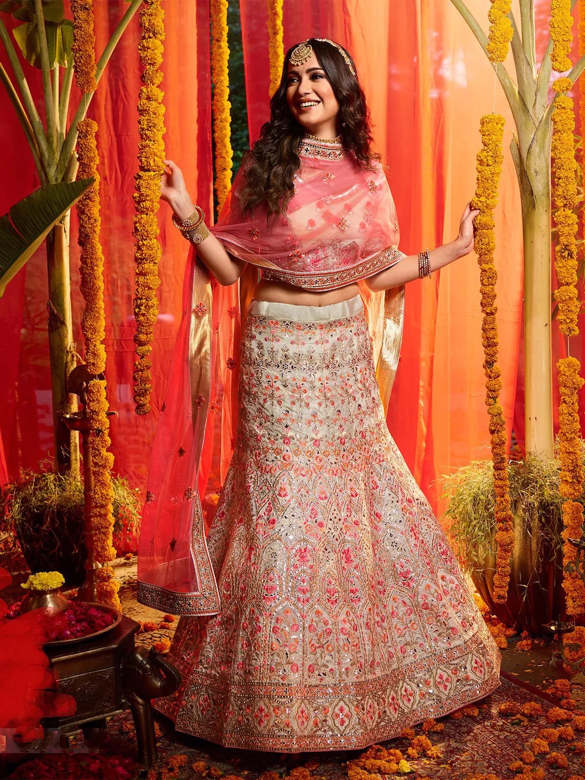 Elegant Off-White Semi Stitched Lehenga With Unstitched Blouse