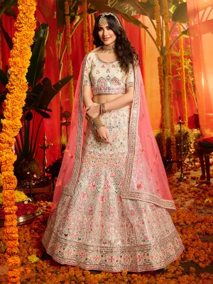 Elegant Off-White Semi Stitched Lehenga With Unstitched Blouse