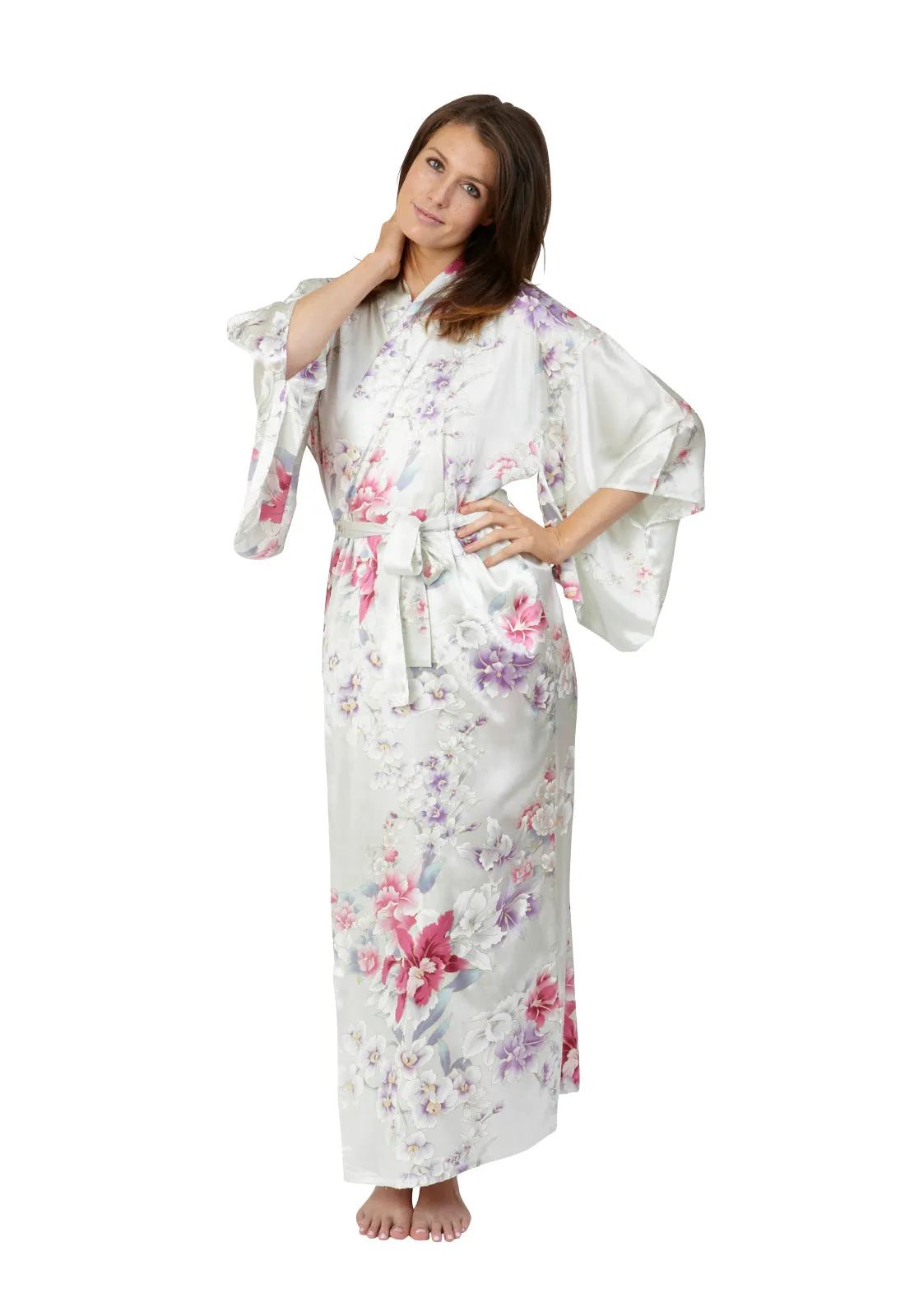 Elegant Orchids Long Silk Kimono