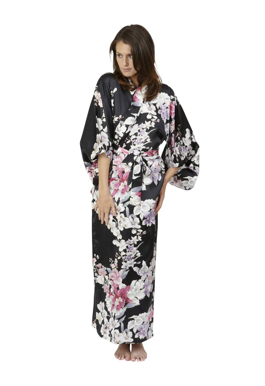 Elegant Orchids Long Silk Kimono