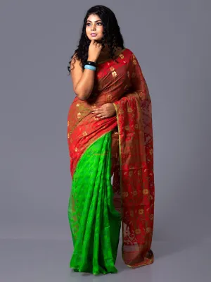 Elegant Pastel Green With Red Half Half Soft Dhakai Jamdani Saree