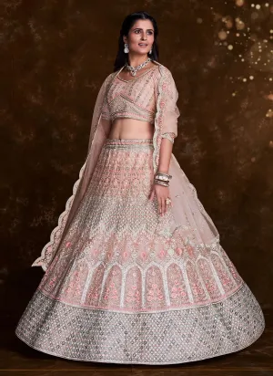 Elegant Peach Net Lehenga Set with Thread and Zari Accents