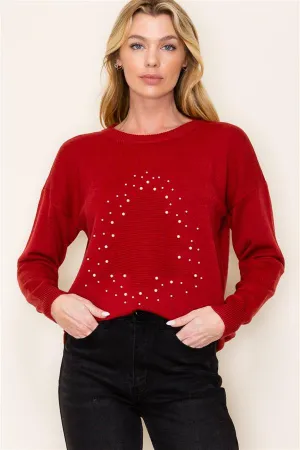 Elegant Pearl-Embellished Red Knit Sweater