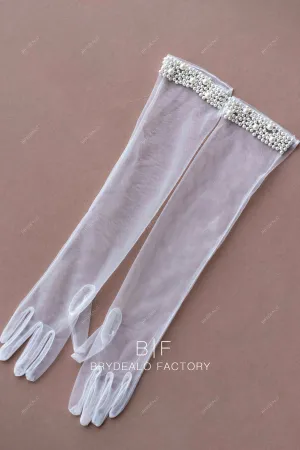 Elegant Pearls Adorned Sheer Elbow Length Bridal Gloves