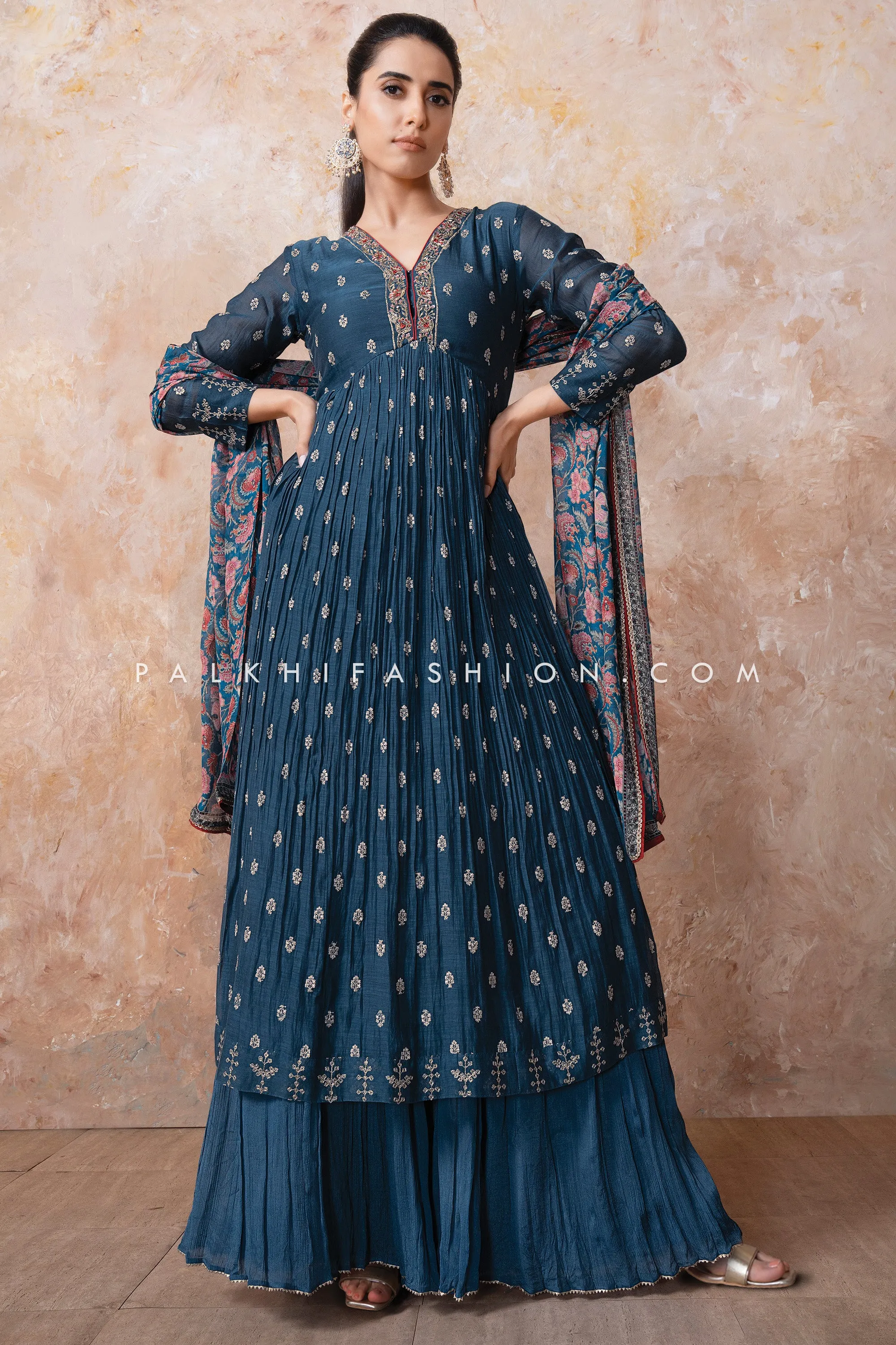 Elegant Petrol Blue Alia Cut Palazzo Outfit