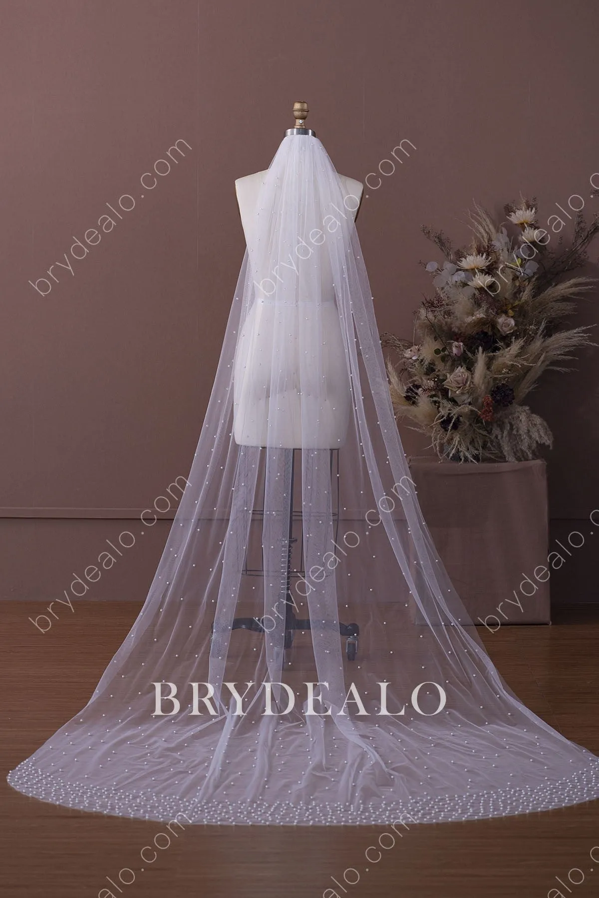 Elegant Polished Pearls Cathedral Length Bridal Veil