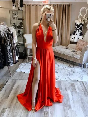 Elegant Red Halter V Neck Long Prom Dresses with High Split, Red Formal Dresses, Evening Dresses