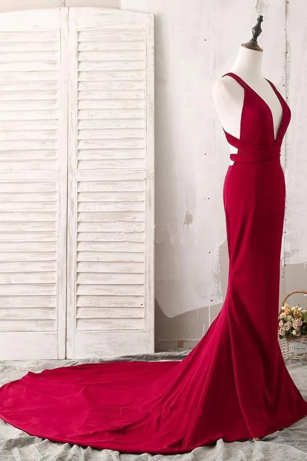 Elegant Red Mermaid Plunging V-Neck Prom Evening Dresses  PG493