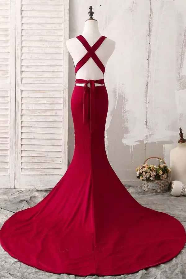 Elegant Red Mermaid Plunging V-Neck Prom Evening Dresses  PG493