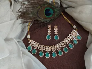 Elegant Rose Gold-Plated Polki Kundan Necklace in Mint Color