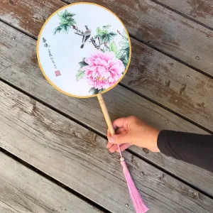 Elegant Round Silk Fan - Peony flower and bird