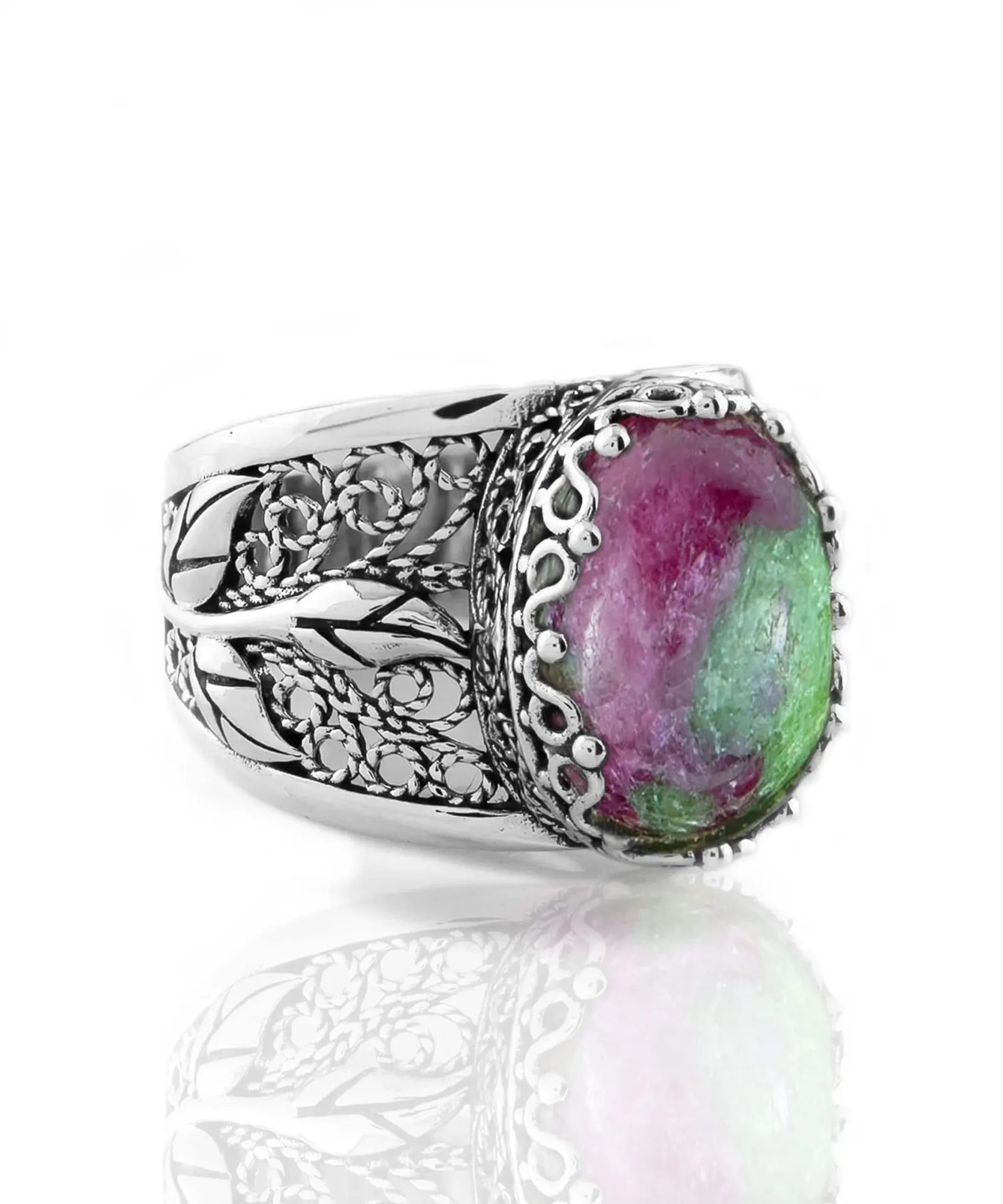 Elegant Ruby Zoisite Gemstone Tulip Detailed Silver Statement Ring - A Floral Masterpiece