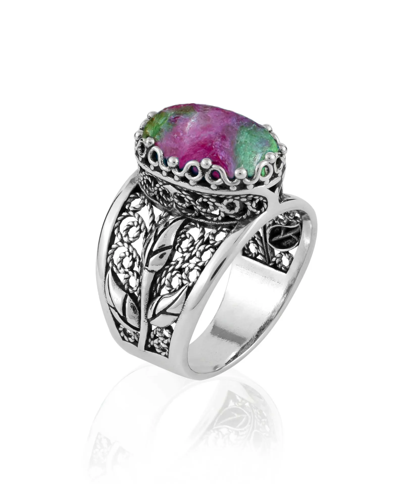 Elegant Ruby Zoisite Gemstone Tulip Detailed Silver Statement Ring - A Floral Masterpiece