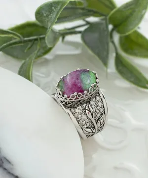 Elegant Ruby Zoisite Gemstone Tulip Detailed Silver Statement Ring - A Floral Masterpiece