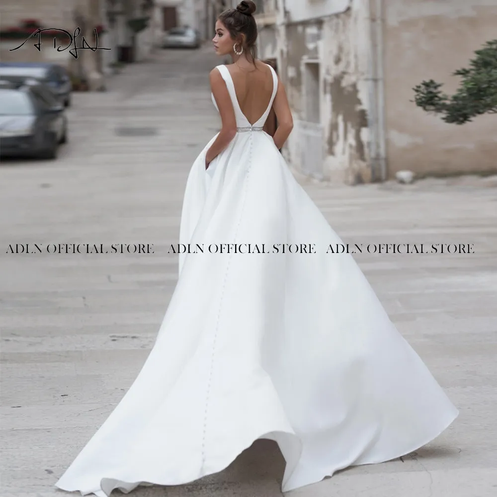 Elegant Satin Wedding V Neck Bride White Ivory Backless Wedding Gown Custom Made Dress