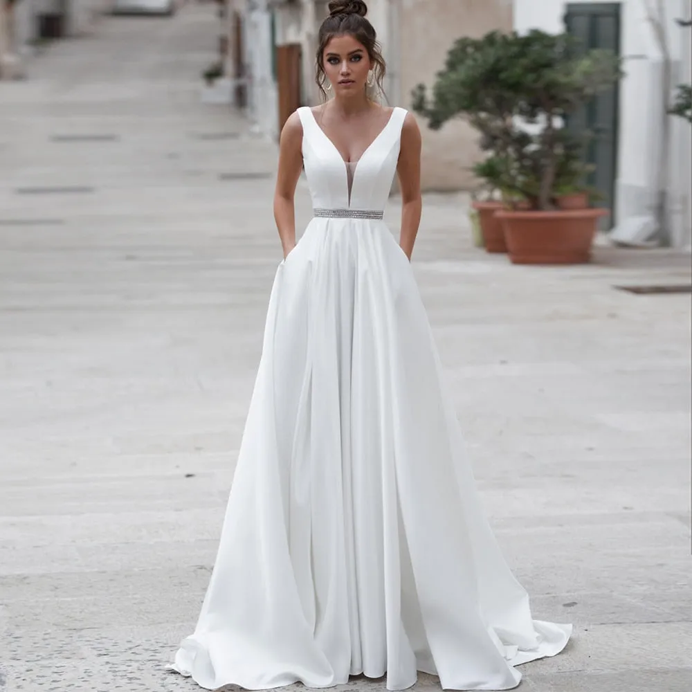 Elegant Satin Wedding V Neck Bride White Ivory Backless Wedding Gown Custom Made Dress