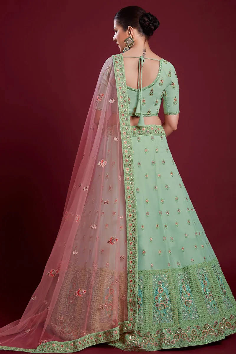 Elegant Sea Green Georgette Lehenga With Thread Work and Zarkan Work