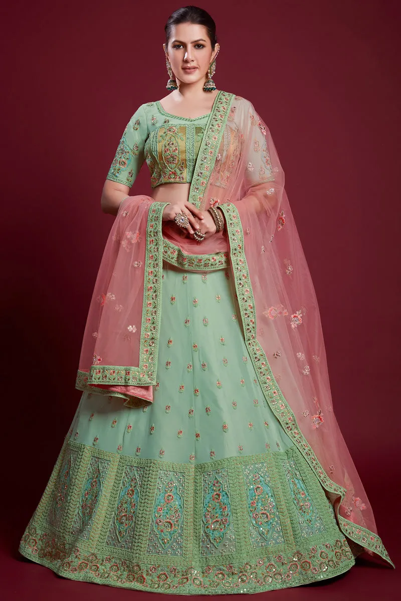 Elegant Sea Green Georgette Lehenga With Thread Work and Zarkan Work