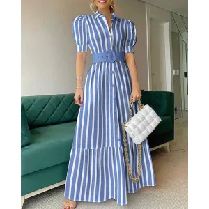 Elegant Short Sleeves Long Dresses with Belt