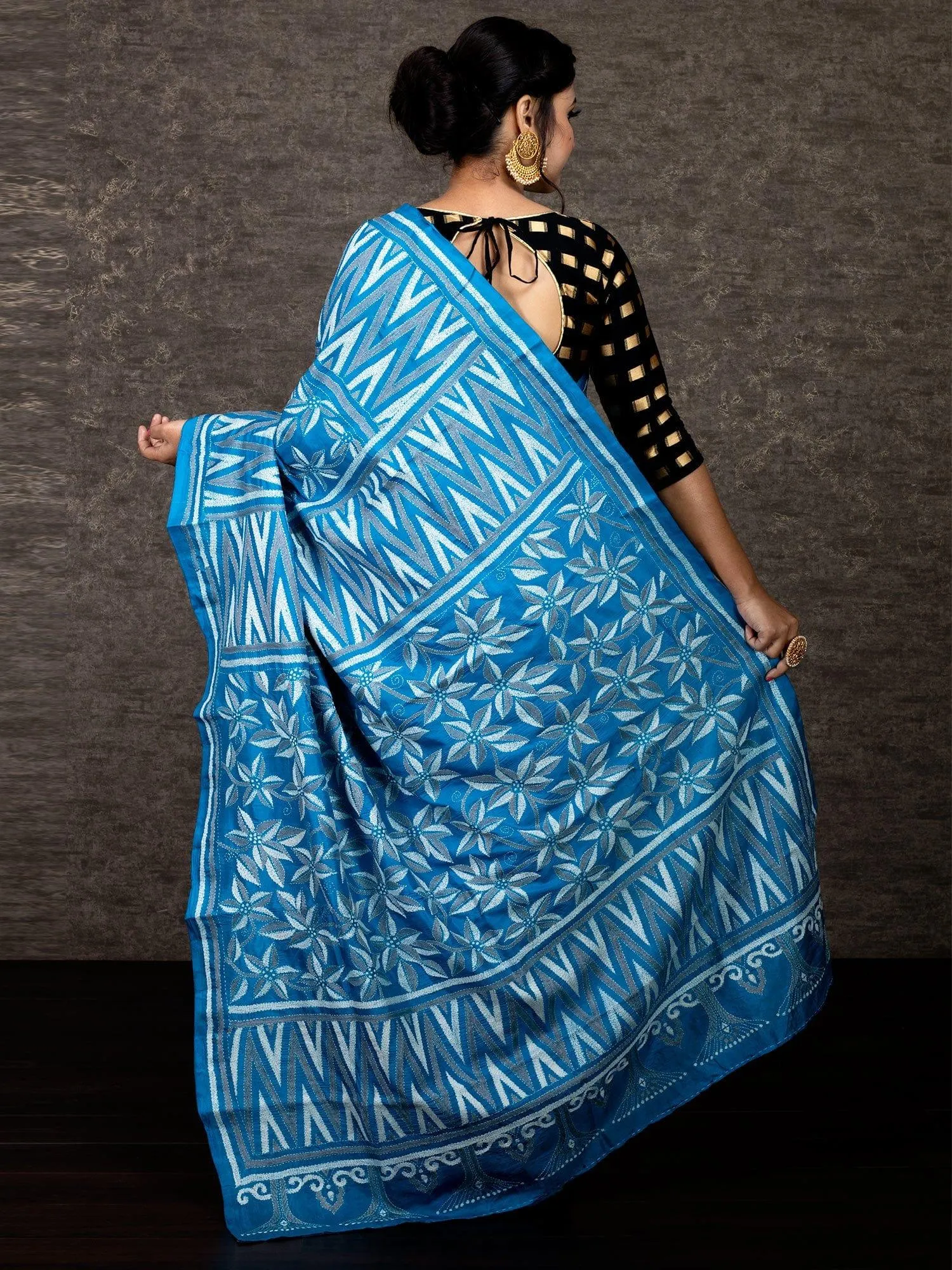 Elegant Sky Blue Half Half Kantha Stitch Bangalore Silk Saree