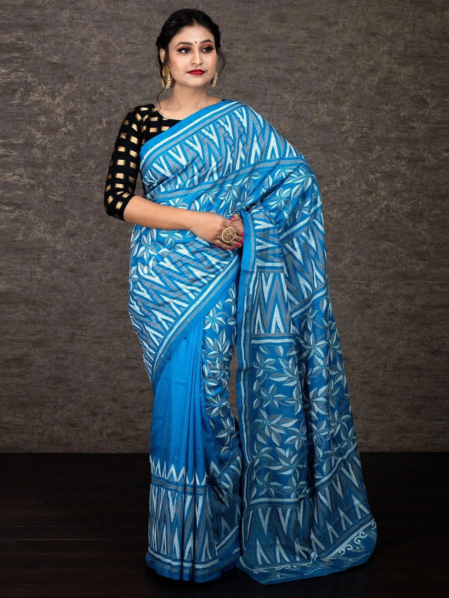 Elegant Sky Blue Half Half Kantha Stitch Bangalore Silk Saree