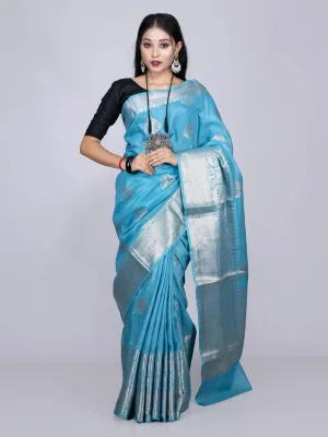 Elegant Sky Blue Par Anchal Buti Linen Silk Saree