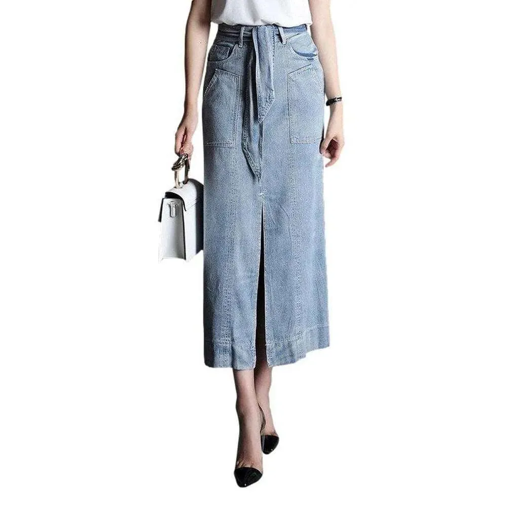 Elegant slit long denim skirt