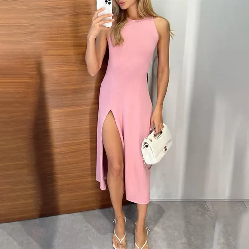 Elegant Solid Color Dress with Side Slit