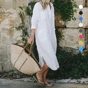 Elegant Solid Color Slit Shirt Dress