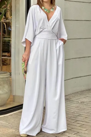 Elegant Solid Fold V Neck Loose Jumpsuits