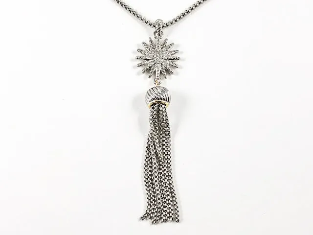 Elegant Stardust CZ Design Charm With Tassel Long Brass Necklace