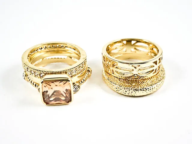 Elegant Statement Design Champagne Color CZ & Yellow Gold Tone Set of 5 Piece Brass Ring