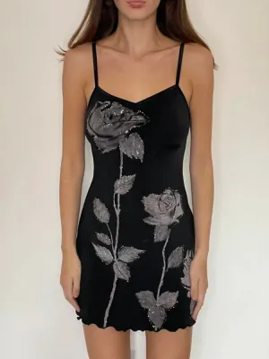 Elegant Strap Flowers Printed Frill Sexy Dress