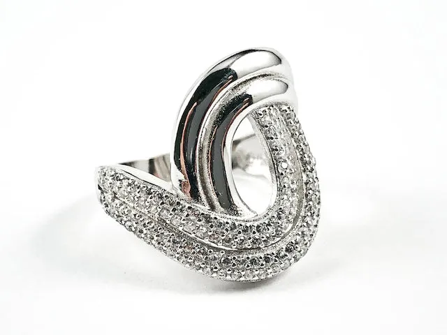 Elegant Swirl Style Half Shiny Metallic Half Micro CZ Design Silver Ring