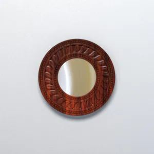 Elegant Teak Wood Round Mirror Adorned with Intricate Carving Design