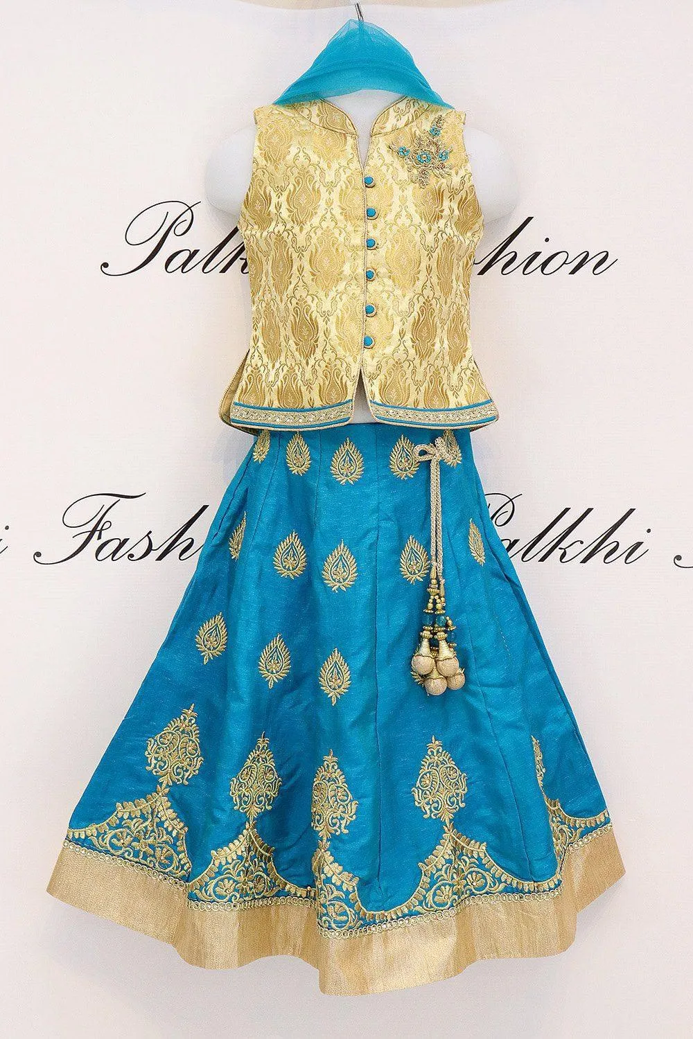 Elegant Teal Girls Silk Lehenga Set With Beautiful Design