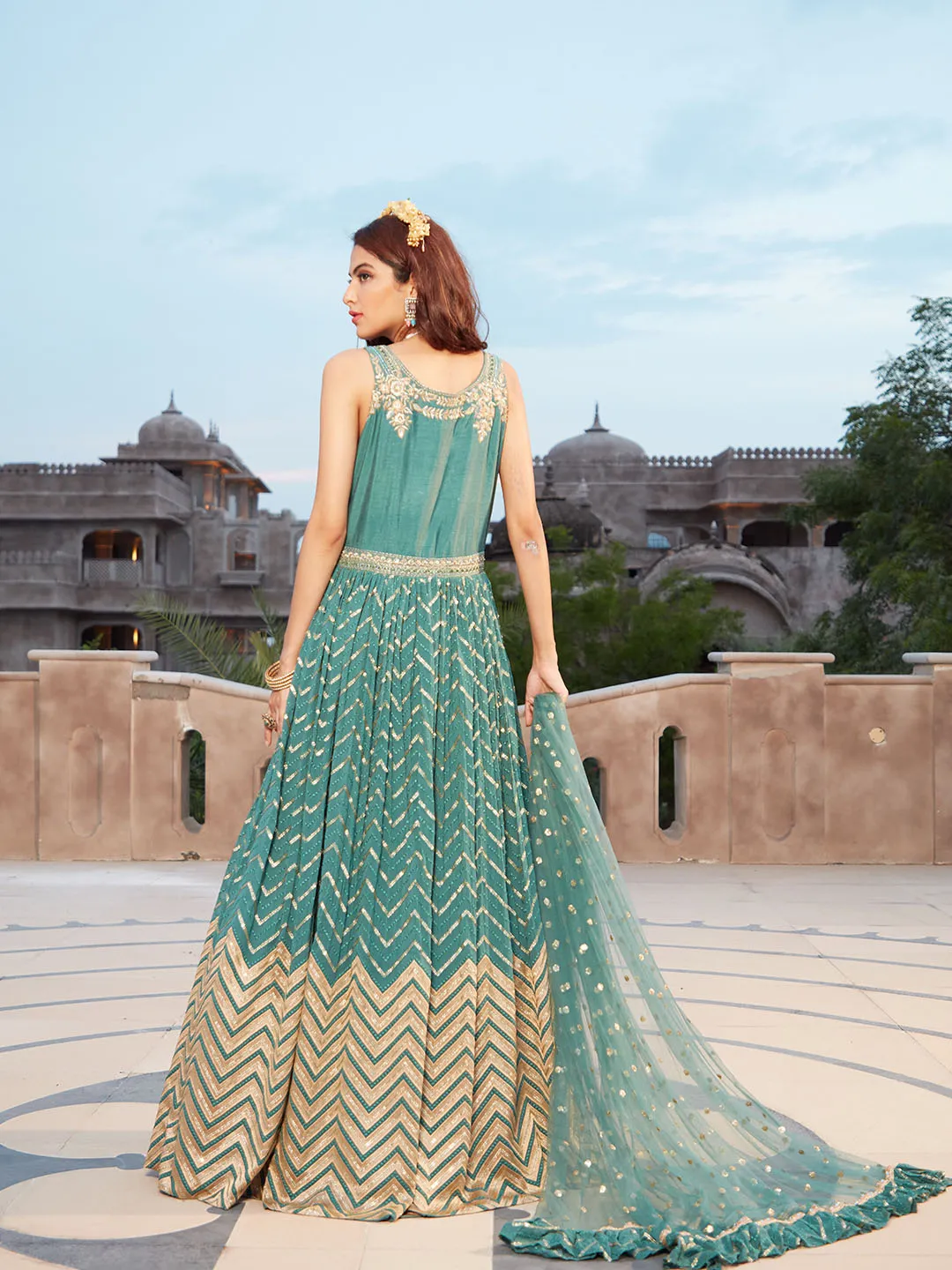 Elegant Teal Green Gown with Mirror and Thread Work