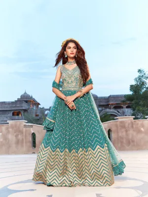 Elegant Teal Green Gown with Mirror and Thread Work