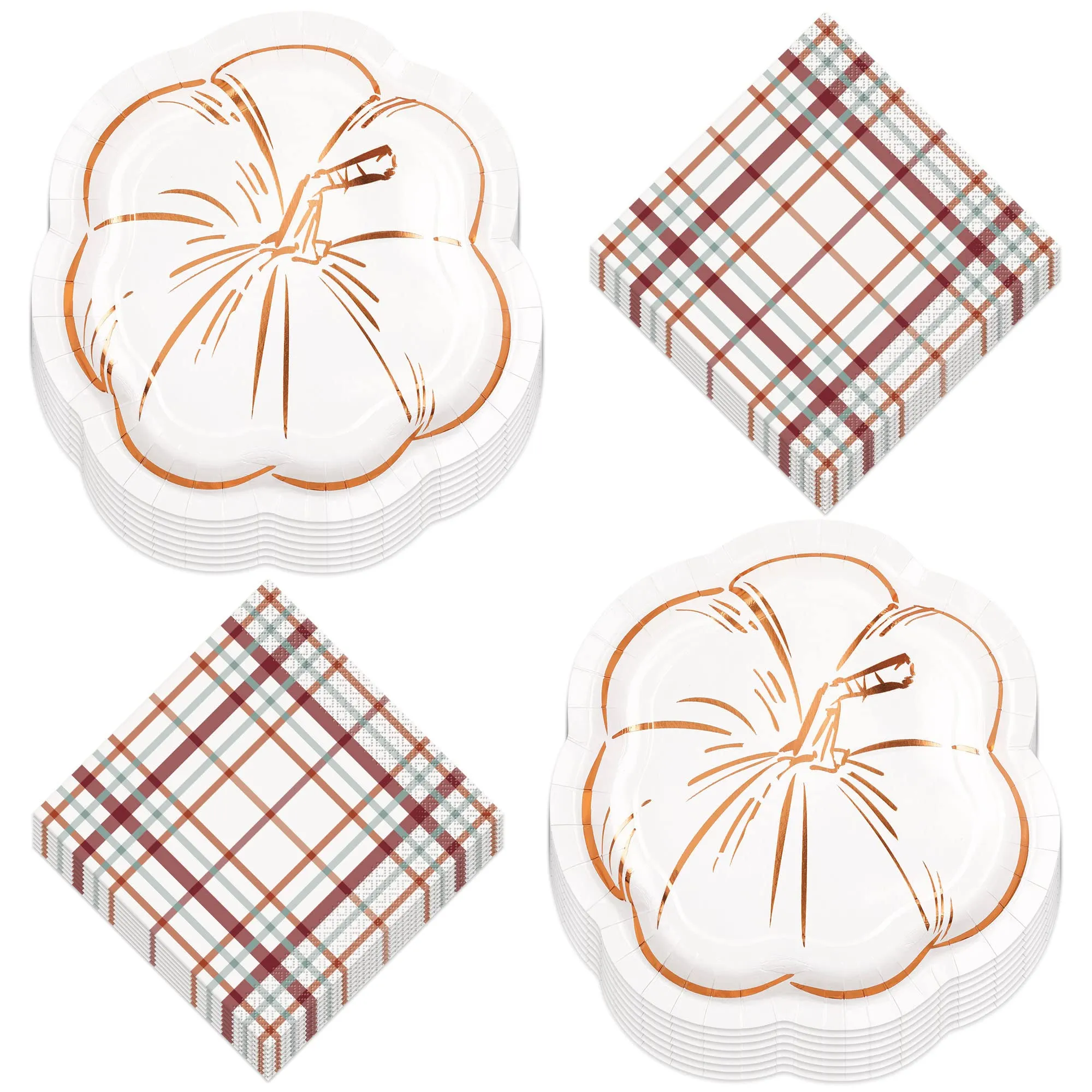 Elegant Thanksgiving Pumpkin-Shaped Metallic Paper Plates and Lunch Napkins (Serves 16)