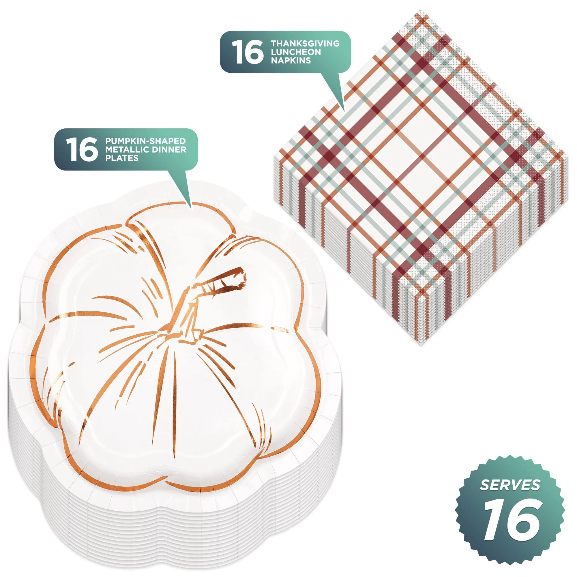 Elegant Thanksgiving Pumpkin-Shaped Metallic Paper Plates and Lunch Napkins (Serves 16)