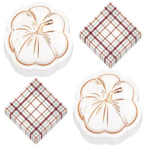 Elegant Thanksgiving Pumpkin-Shaped Metallic Paper Plates and Lunch Napkins (Serves 16)