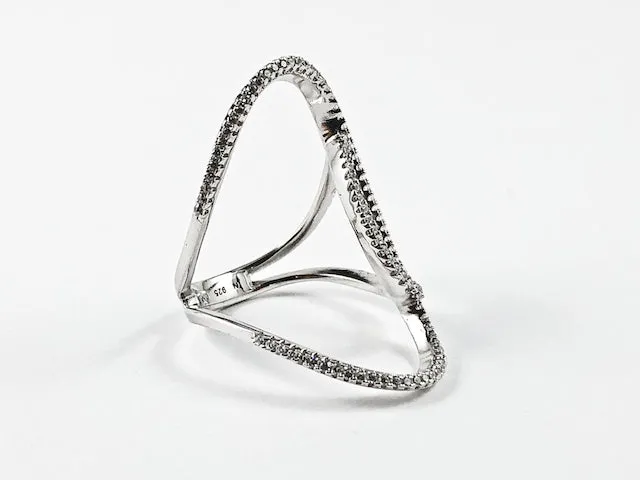 Elegant Thin Open Works Long Design CZ Silver Ring