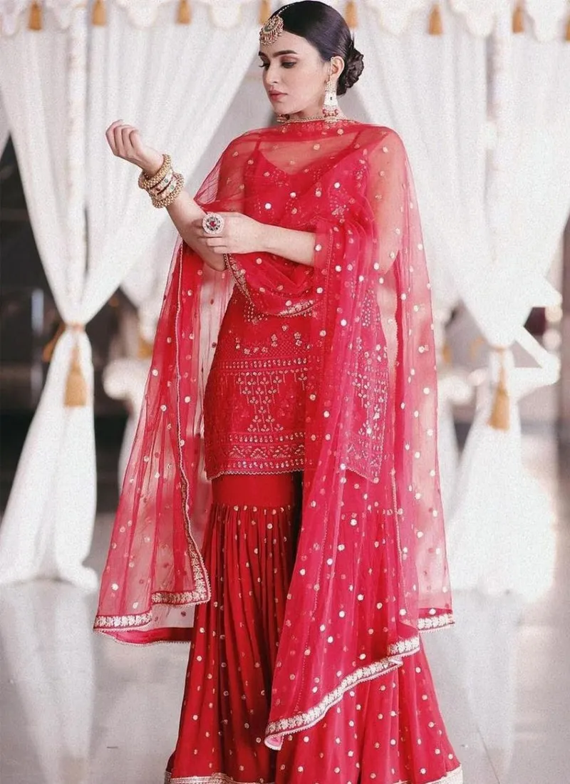 Elegant Thread & Sequence Embroidered Georgette Red Sharara Set