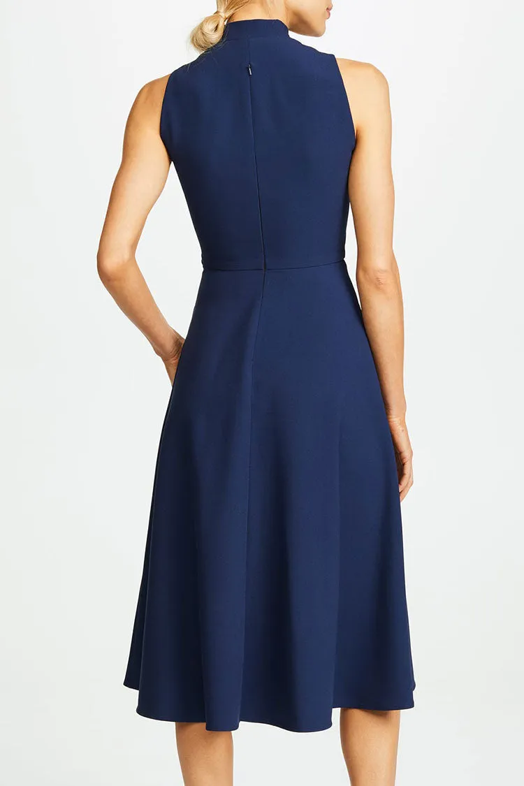 Elegant Tie Neck Sleeveless Fit & Flare Skater Midi Dress - Navy Blue