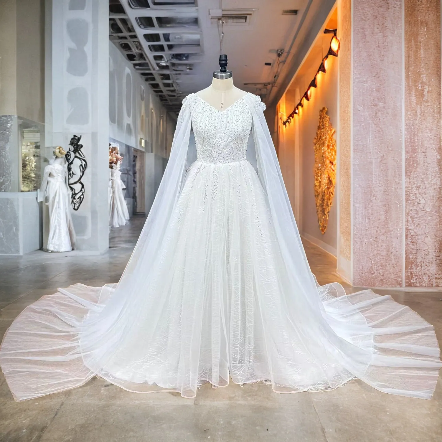 Elegant V-Neck A-Line Wedding Dress with Pearls Lace Zipper Back Modern Design Bridal Gown