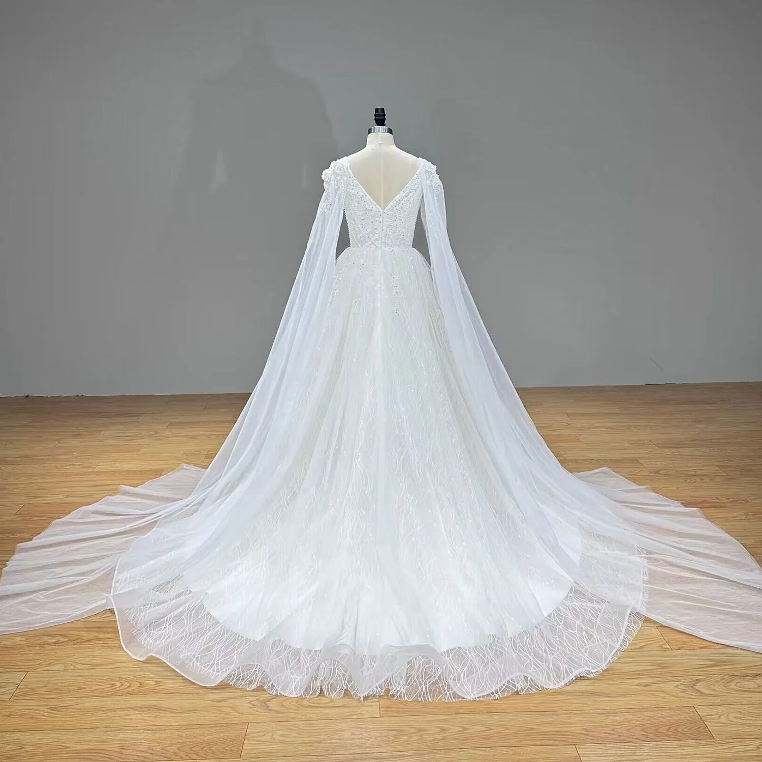 Elegant V-Neck A-Line Wedding Dress with Pearls Lace Zipper Back Modern Design Bridal Gown