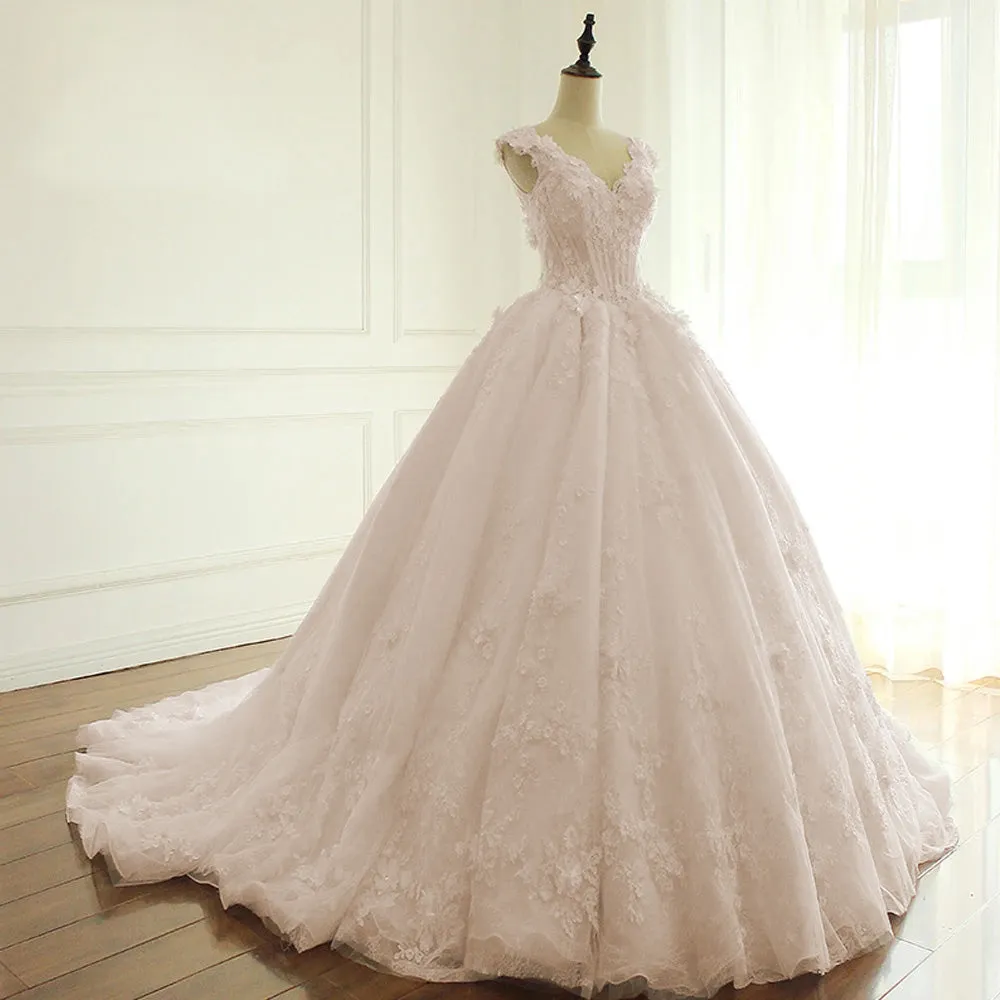 Elegant V Neck Flowers Lace Princess Wedding Dress Luxury A-Line Bridal Gown