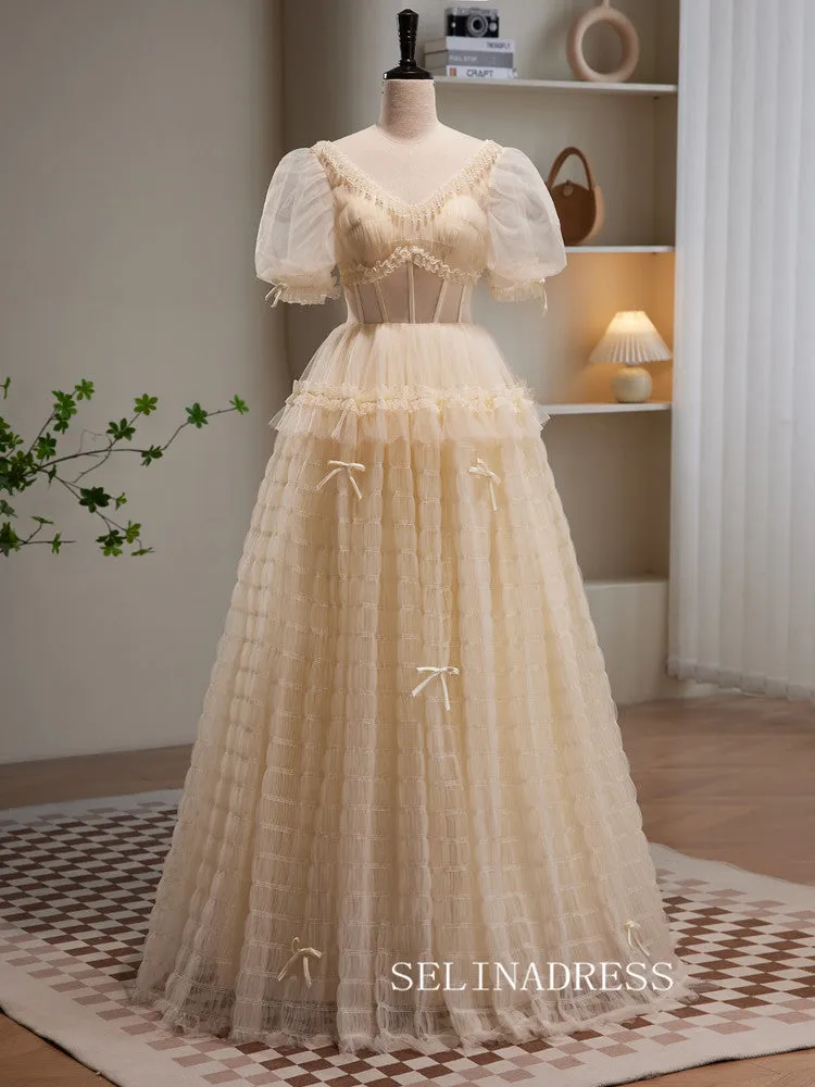 Elegant V neck Princess Dresses Puff sleeve Beautiful Evening Gowns TKL3001