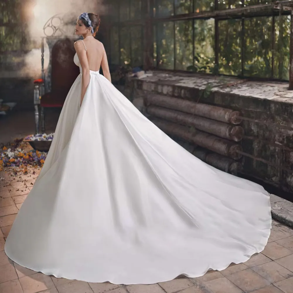 Elegant V-Neck Satin Wedding Dress with Slit Skirt and Pearl Beading for Modern Brides