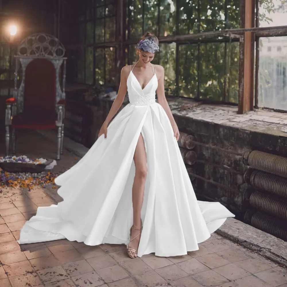 Elegant V-Neck Satin Wedding Dress with Slit Skirt and Pearl Beading for Modern Brides